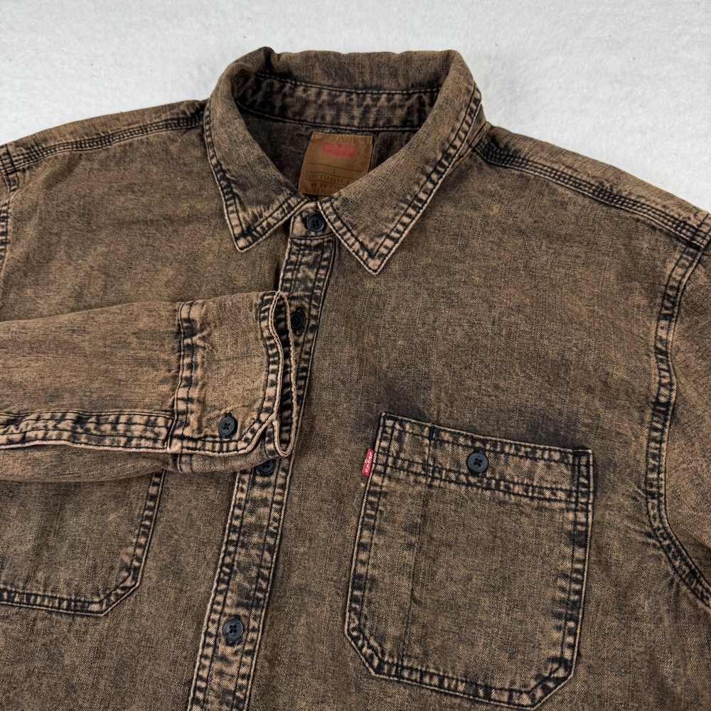 Levi's Shirt Mens Size L Brown Denim Long Sleeve Button Up Casual Acid Wash